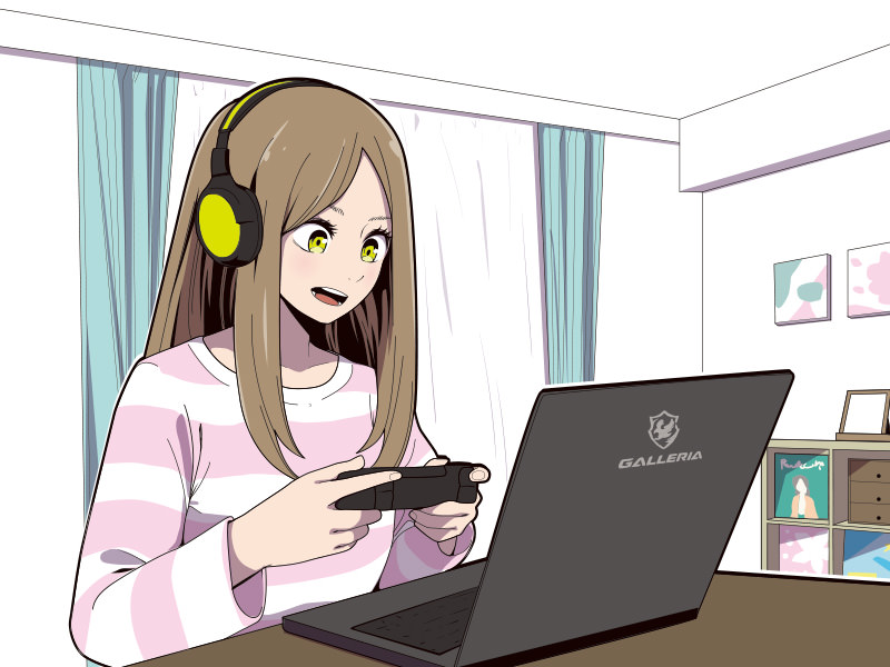 ノートPCでゲームをする女の子のイラスト